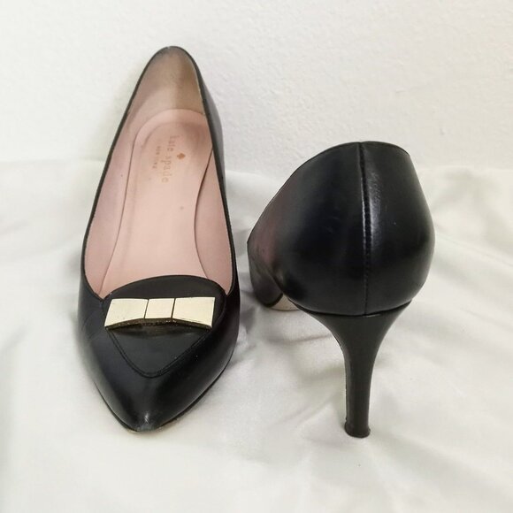 Kate Spade Gold Bow Black Leather Pumps High Heels Pointed Toe Embellished - Picture 4 of 10